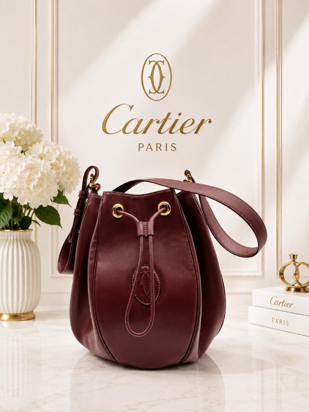 Authentic Cartier Burgundy Leather Bucket Bag Drawstring Crossbody